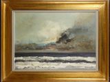 an oil painting of waves crashing on the beach in a gold frame