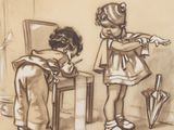 drawing of two children playing a game of baseball in a living room