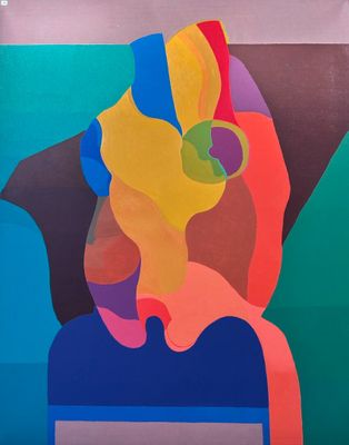 abstract painting of a woman ' s face with multiple colored shapes