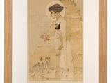 an image of a painting of a woman in a white dress and hat