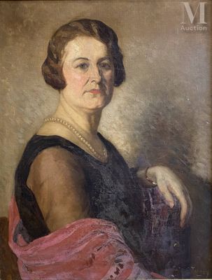 un vieux tableau représentant une femme en robe noire avec un foulard rose