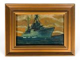 an oil painting of a ship in a wooden frame on a white background
