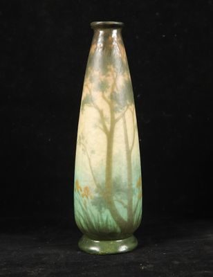 a glass vase with a painting on it on a black background