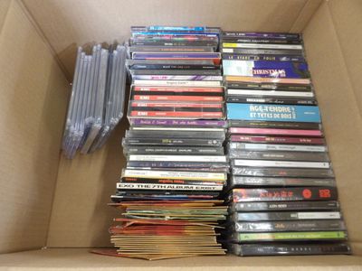 a box full of dvds and cds in it
