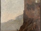 une image représentant un tableau d'un château situé sur une falaise au bord de l'eau