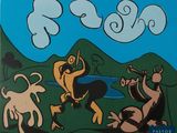 a picture of a painting of a man playing a game of frisbee
