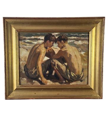 une image représentant un tableau où l'on voit deux garçons assis sur la plage