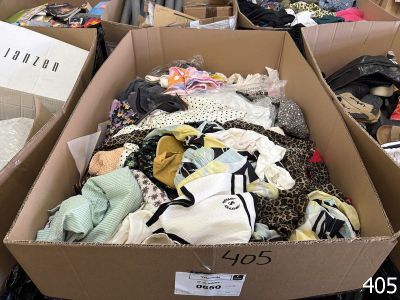 a box full of clothes that is sitting on the floor