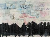 un tableau représentant un groupe de personnes marchant sous la pluie