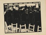 dessin en noir et blanc représentant un groupe de personnes assises dans une pièce