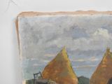 a picture of a painting of a tractor and hay bales