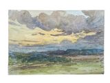 watercolor painting of a sunset over a field with clouds