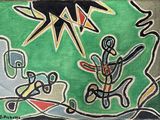 un tableau représentant un homme et une femme sur une planche de surf