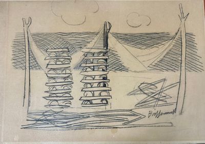 drawing of a drawing of a man standing on top of a wooden structure