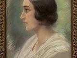 portrait of a woman in a white dress in a gold frame