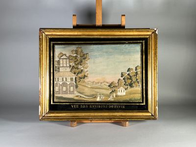 peinture sur chevalet représentant un paysage avec une maison en arrière-plan