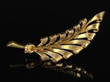 a close up of a gold leaf brooch on a black surface