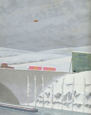 a painting of a train going over a bridge in the snow