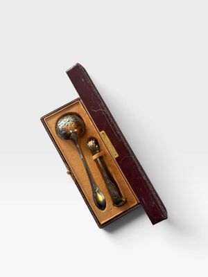 pair of spoons and spoon rest in a box on a white surface