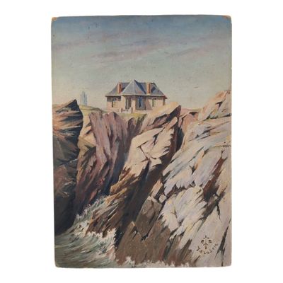 an oil painting of a house on top of a cliff