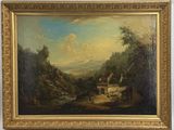 painting of a landscape with a river and a village in the distance