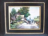 tableau représentant un cheval et une calèche sur une route de campagne, avec une maison en arrière-plan