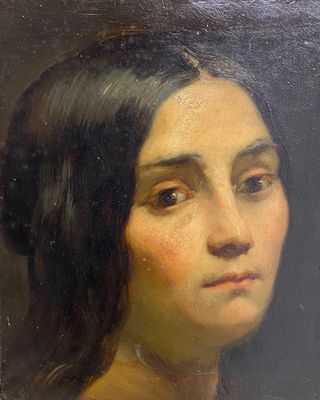 an oil painting of a woman with long hair and a yellow dress