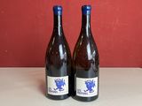 Deux bouteilles de vin sont posées sur un comptoir devant un mur rouge.
