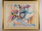 tableau représentant une femme coiffée d'un grand chapeau orné de fleurs