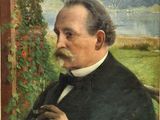 tableau représentant un homme portant une moustache et une barbe, vêtu d'un costume noir