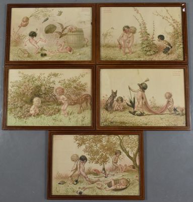 four framed pictures of children playing in a field with a dog