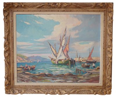 une peinture à l'huile représentant un voilier sur l'eau, avec d'autres bateaux en arrière-plan