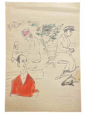 dessin représentant un homme assis sur un banc à côté d'un autre homme