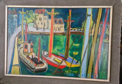 une peinture de bateaux dans un port avec des bâtiments à l'arrière-plan