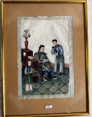 tableau représentant un homme et une femme assis sur une chaise avec un enfant