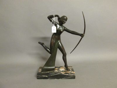statue of a woman holding a bow and arrow on a marble base
