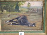 une photo d'un tableau représentant un cheval couché par terre