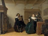 painting of a man and a woman playing a musical instrument in a room