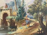 a painting of a woman and a child on a bridge