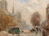 peinture représentant une scène de rue avec un bus et une calèche