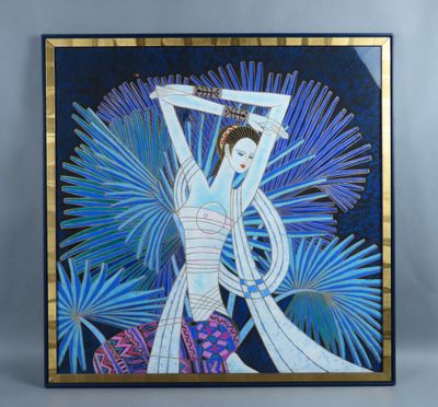 une image d'un tableau représentant une femme en robe bleue