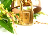 a gold watch with a lock on a brown leather bracelet