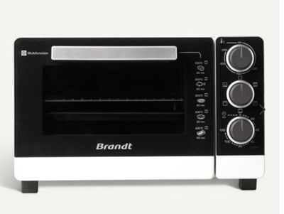 a small black and white toaster oven on a white surface