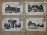 four old postcards of different buildings and buildings on a wall