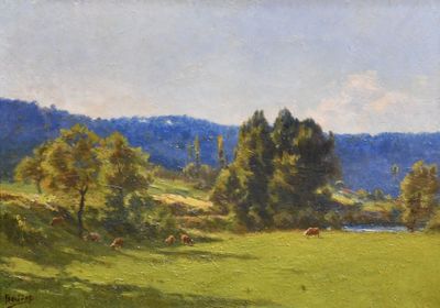 un tableau représentant des vaches paissant dans un champ au bord de l'eau