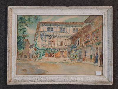 an image of a painting of a building with a man standing in front of it