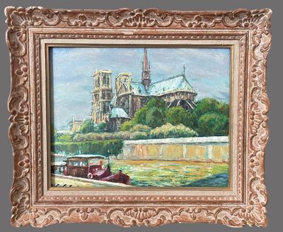 framed oil painting of a view of a cathedral with a boat in the foreground