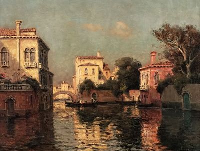 tableau représentant une scène fluviale avec des bâtiments et un pont au loin