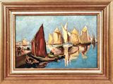 painting of boats in a harbor with a man standing on the dock