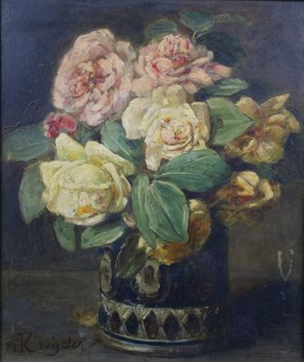 une peinture de fleurs dans un vase sur une table